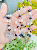 925 sterling silver charm long necklace with pearls & blue goldstone metaphysical fine jewelry healing crystals gemstones handmade in USA