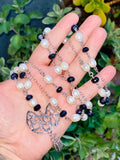 925 sterling silver charm long necklace with pearls & blue goldstone metaphysical fine jewelry healing crystals gemstones handmade in USA