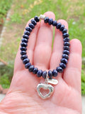 925 sterling silver blue goldstone heart charm stretchy bracelet handmade in USA metaphysical fine jewelry healing crystals gemstones