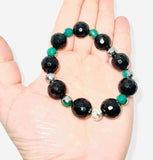 925 sterling silver black, green, silver onyx natural crystal beaded bracelet metaphysical fine jewelry handmade in USA