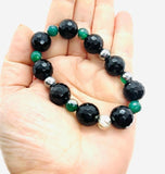 925 sterling silver black, green, silver onyx natural crystal beaded bracelet metaphysical fine jewelry handmade in USA