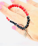 925 sterling silver crystal onyx & red sea coral beaded bracelet LA charm metaphysical fine jewelry