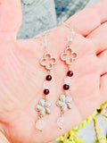 .925 SS Herkimer Diamond garnet, crystal gemstone, 4 leaf clover good luck charms drop dangle earrings