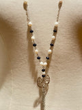 925 sterling silver charm beaded necklace pearls & blue goldstone crystal gemstones