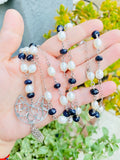 925 sterling silver charm beaded necklace pearls & blue goldstone crystal gemstones