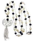 925 sterling silver charm beaded necklace pearls & blue goldstone crystal gemstones