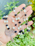 925 sterling silver charm beaded necklace pearls & blue goldstone crystal gemstones